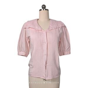 Vintage Short Sleeve Top 12 Pink Cottage Lace Puff Button Pleats Coquette Girly
